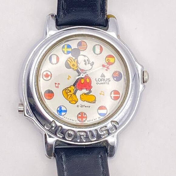1990 LORUS MICKEY MOUSE Watch Musical It's A Small World Black Leather Band - Picture 1 of 14